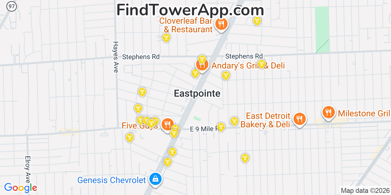 Map showing the 20 primary cell tower locations detected in Eastpointe, Michigan from AT&T, Verizon, and T-Mobile networks