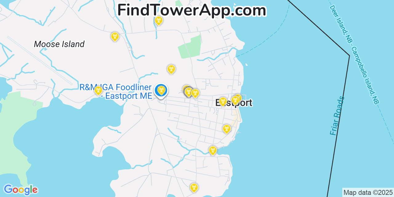 Map showing the 20 primary cell tower locations detected in Eastport, Maine from AT&T, Verizon, and T-Mobile networks