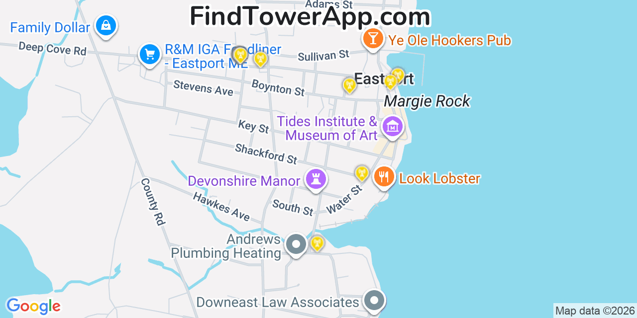 Map showing the 20 primary cell tower locations detected in Eastport, Maine from AT&T, Verizon, and T-Mobile networks