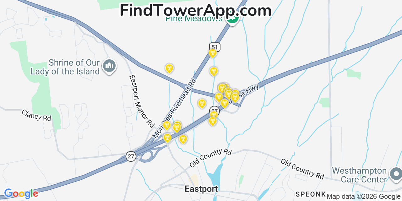 Map showing the 20 primary cell tower locations detected in Eastport, New York from AT&T, Verizon, and T-Mobile networks