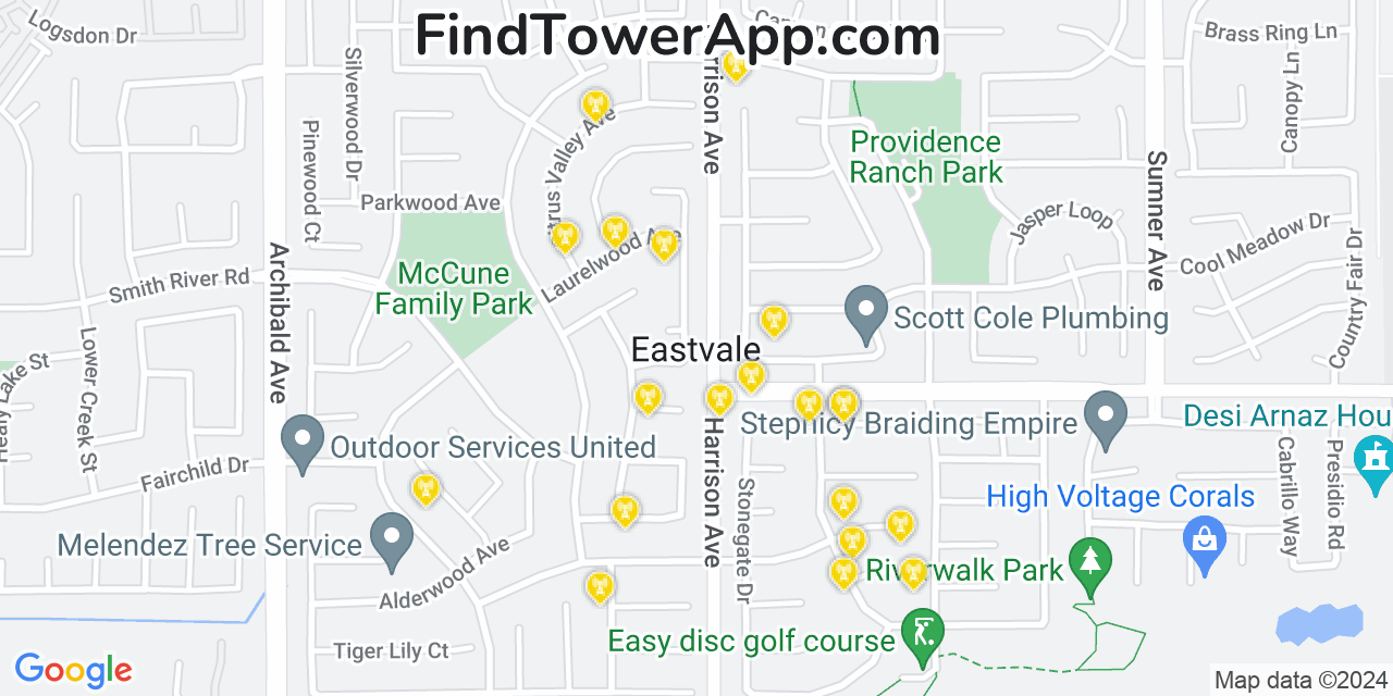 AT&T 4G/5G cell tower coverage map Eastvale, California