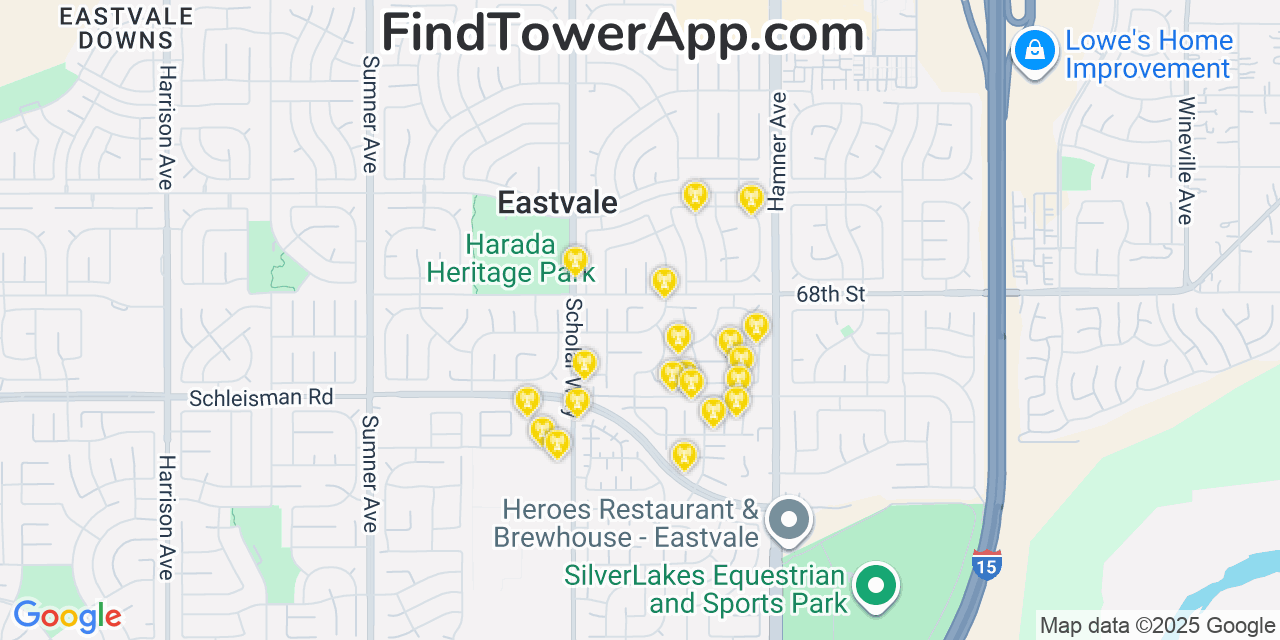 Map showing the 20 primary cell tower locations detected in Eastvale, California from AT&T, Verizon, and T-Mobile networks