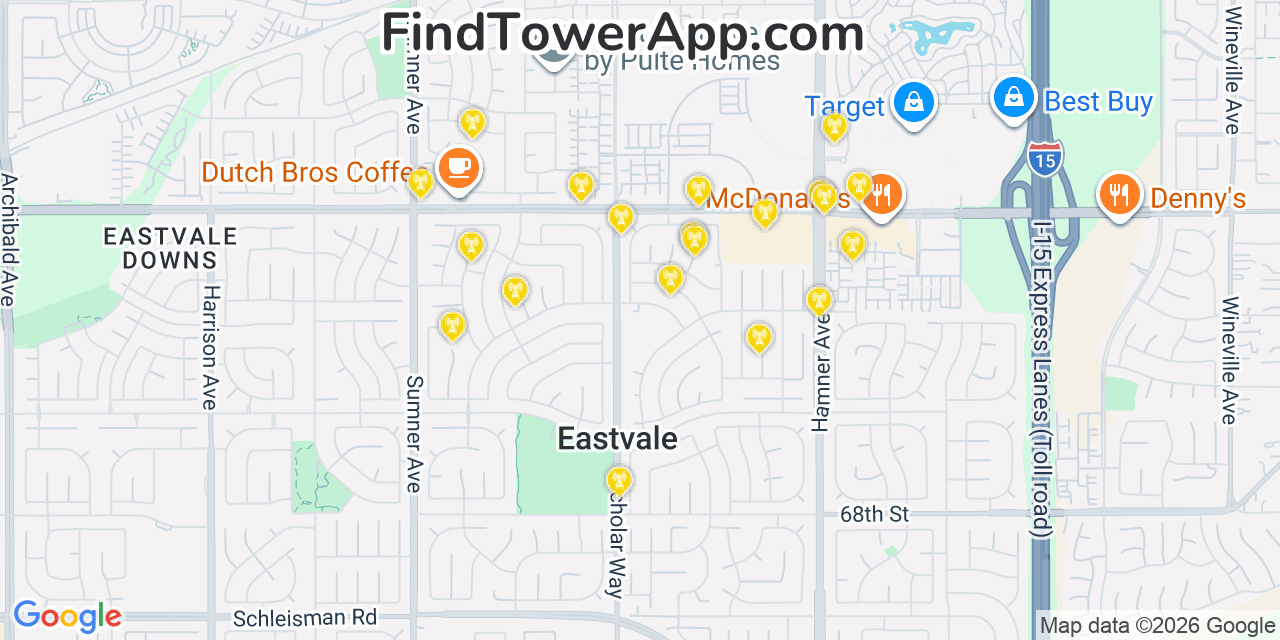 Map showing the 20 primary cell tower locations detected in Eastvale, California from AT&T, Verizon, and T-Mobile networks