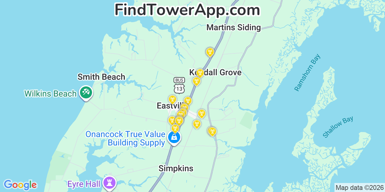 Map showing the 20 primary cell tower locations detected in Eastville, Virginia from AT&T, Verizon, and T-Mobile networks