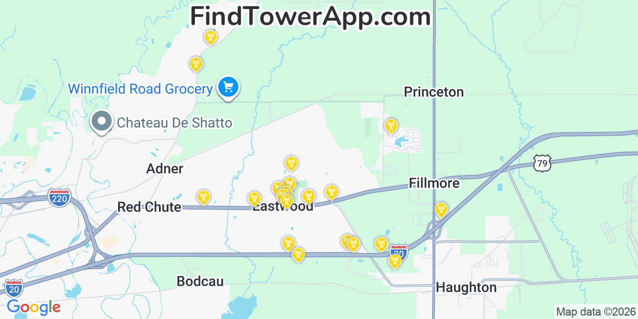 Map showing the 20 primary cell tower locations detected in Eastwood, Louisiana from AT&T, Verizon, and T-Mobile networks