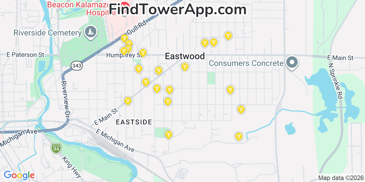 Map showing the 20 primary cell tower locations detected in Eastwood, Michigan from AT&T, Verizon, and T-Mobile networks