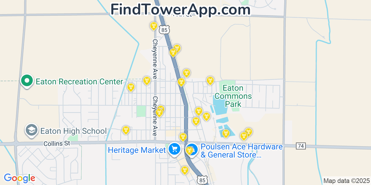 Map showing the 20 primary cell tower locations detected in Eaton, Colorado from AT&T, Verizon, and T-Mobile networks