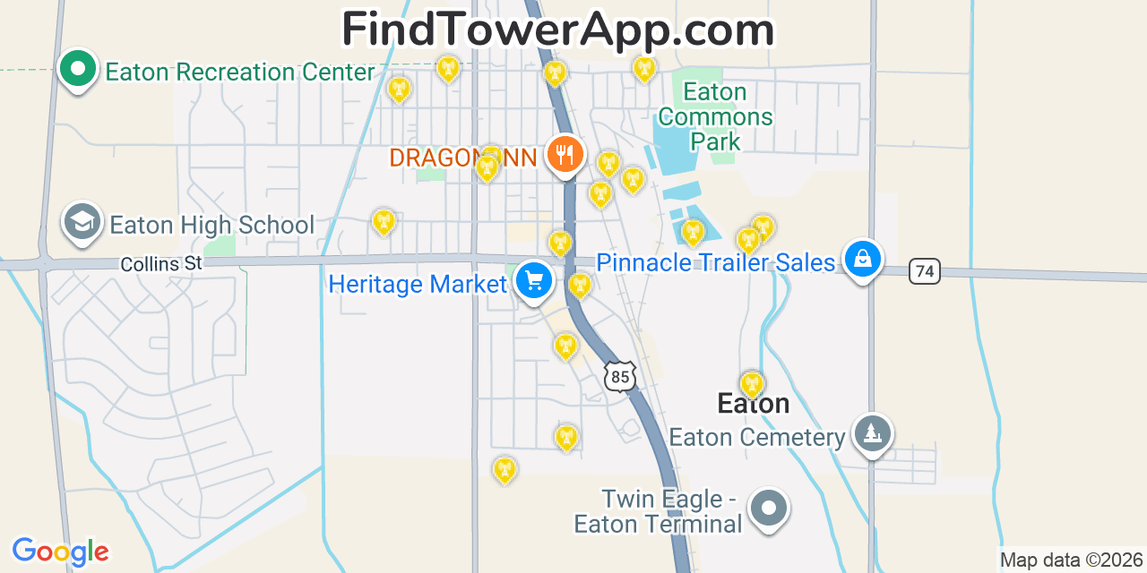 Map showing the 20 primary cell tower locations detected in Eaton, Colorado from AT&T, Verizon, and T-Mobile networks
