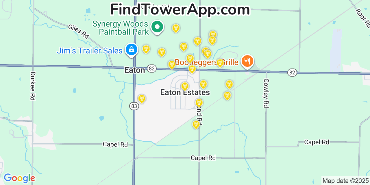 Map showing the 20 primary cell tower locations detected in Eaton Estates, Ohio from AT&T, Verizon, and T-Mobile networks