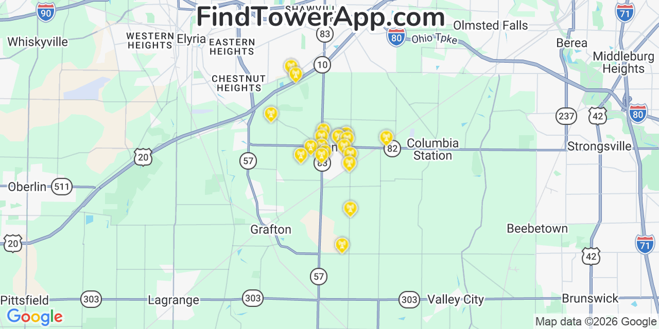Map showing the 20 primary cell tower locations detected in Eaton Estates, Ohio from AT&T, Verizon, and T-Mobile networks