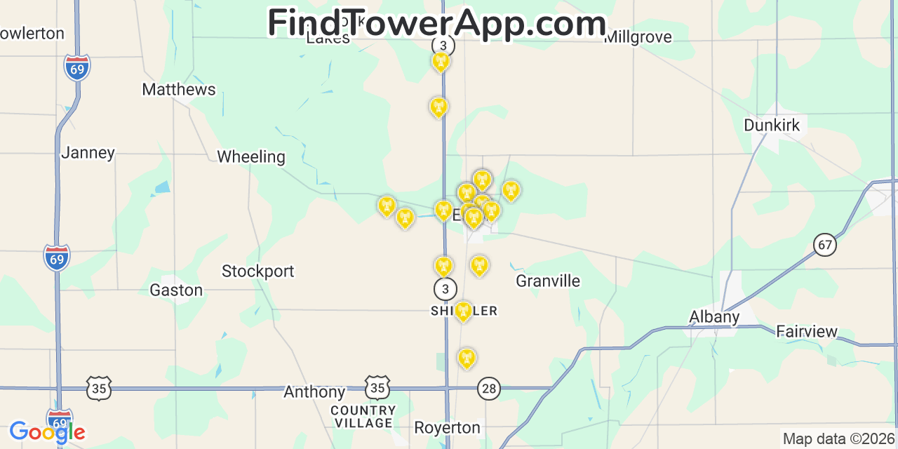 Map showing the 20 primary cell tower locations detected in Eaton, Indiana from AT&T, Verizon, and T-Mobile networks