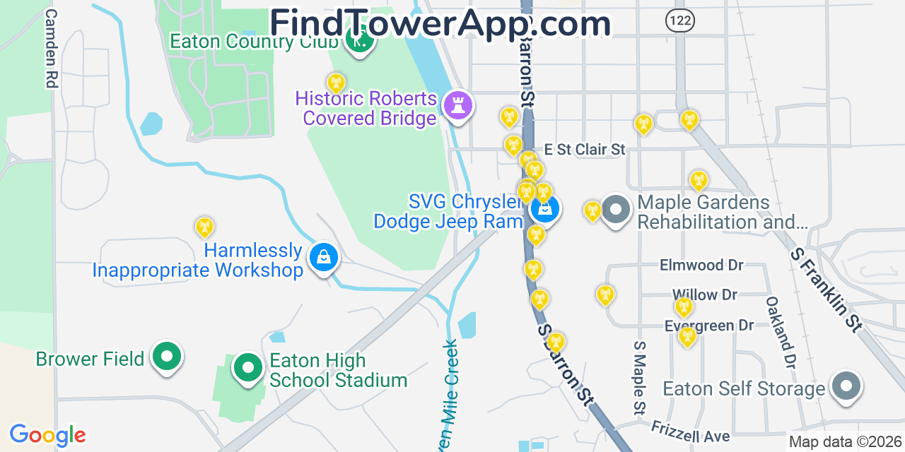 Map showing the 20 primary cell tower locations detected in Eaton, Ohio from AT&T, Verizon, and T-Mobile networks