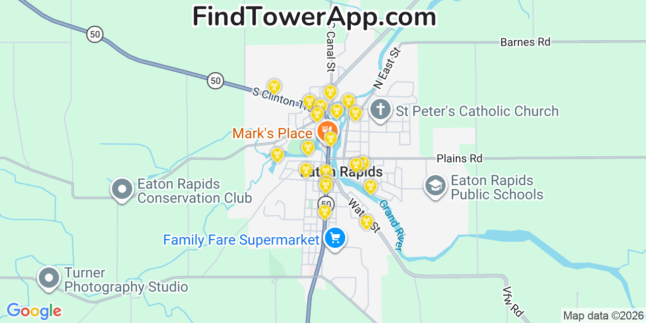 Map showing the 20 primary cell tower locations detected in Eaton Rapids, Michigan from AT&T, Verizon, and T-Mobile networks
