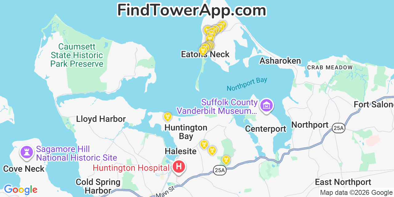 Map showing the 20 primary cell tower locations detected in Eatons Neck, New York from AT&T, Verizon, and T-Mobile networks