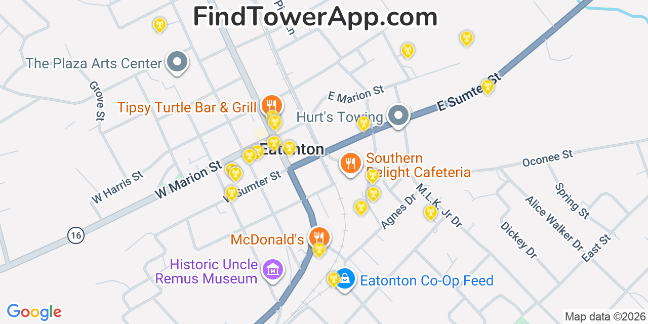 Map showing the 20 primary cell tower locations detected in Eatonton, Georgia from AT&T, Verizon, and T-Mobile networks