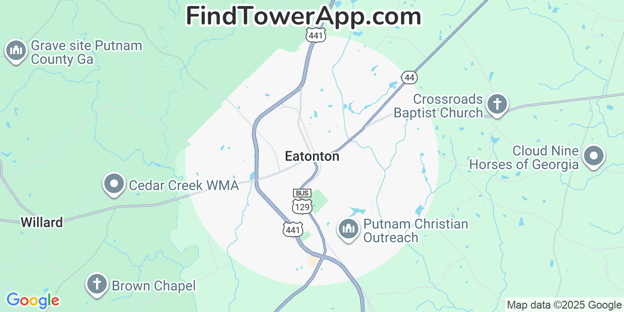 Map showing the 20 primary Mobitel cell tower locations detected in Eatonton, Georgia with coverage radius and signal strength indicators