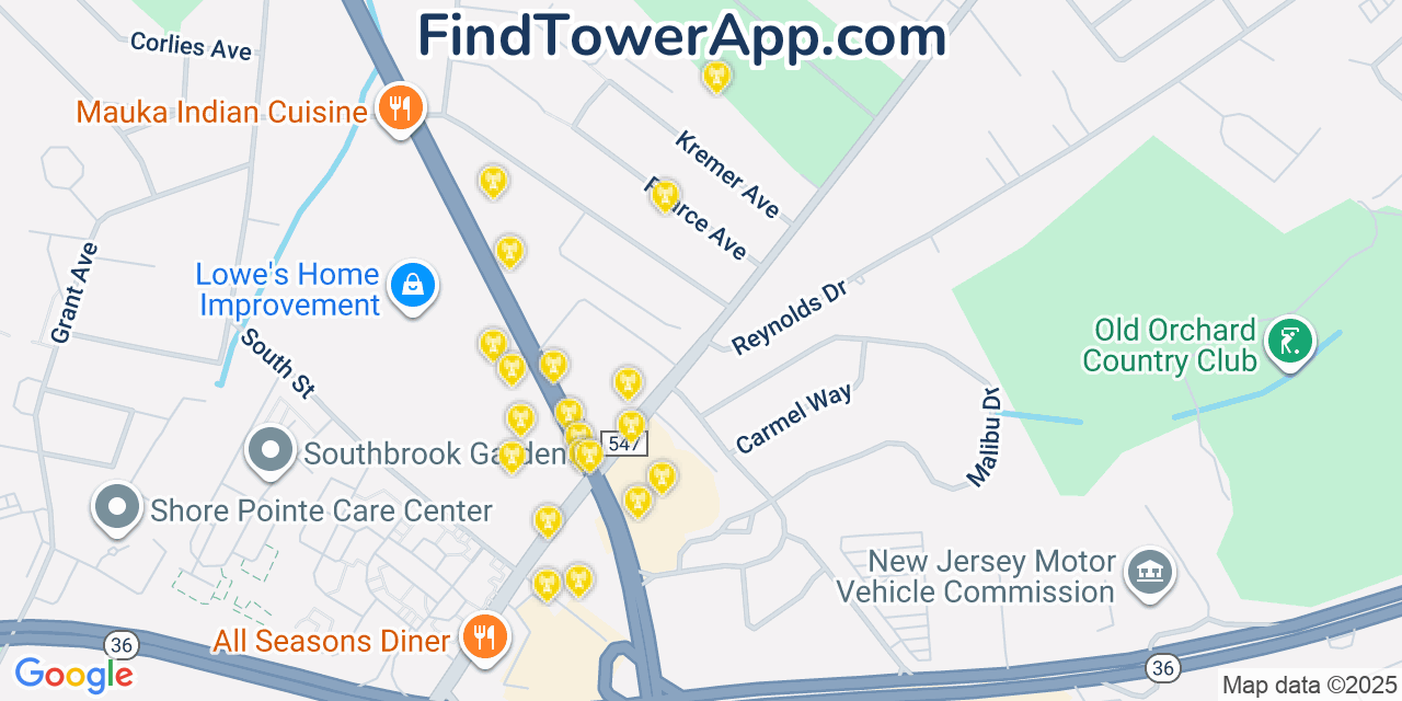 Map showing the 20 primary cell tower locations detected in Eatontown, New Jersey from AT&T, Verizon, and T-Mobile networks