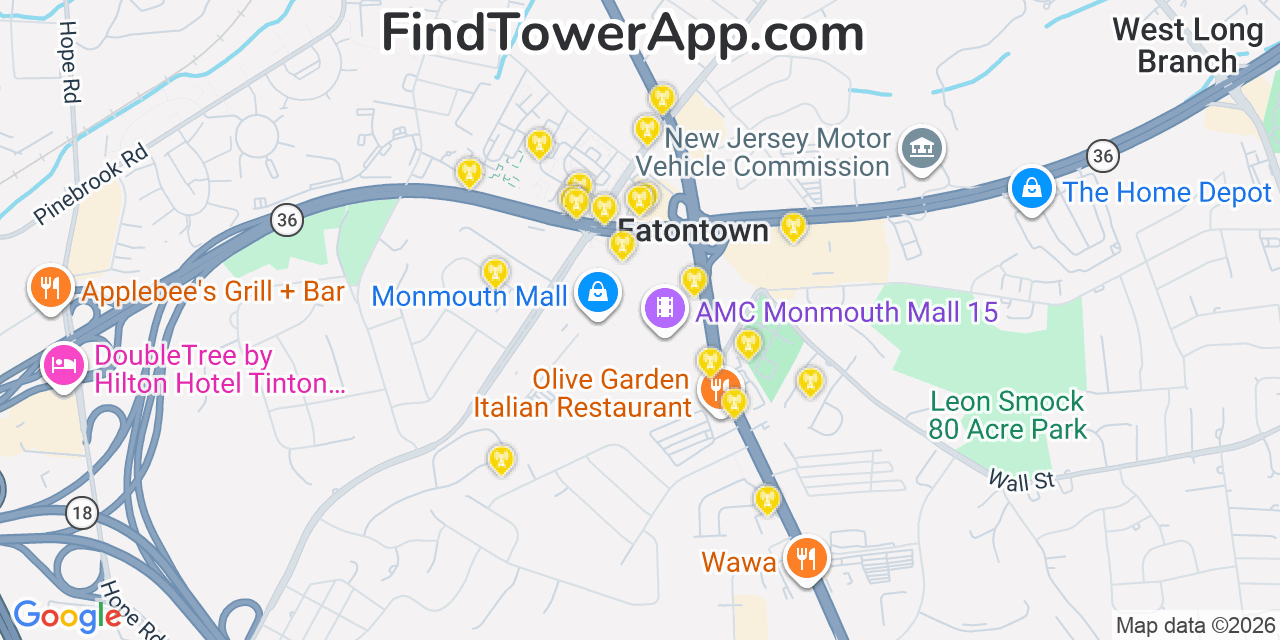 Map showing the 20 primary cell tower locations detected in Eatontown, New Jersey from AT&T, Verizon, and T-Mobile networks