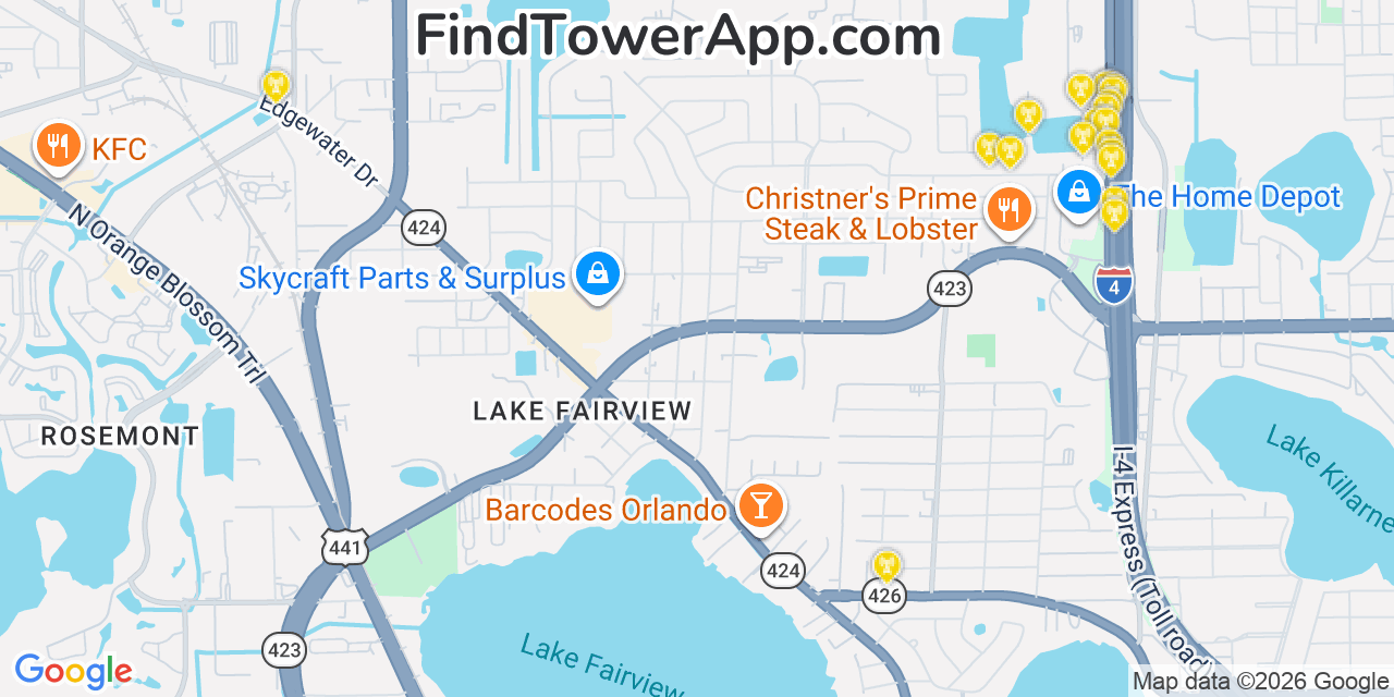 Map showing the 20 primary cell tower locations detected in Eatonville, Florida from AT&T, Verizon, and T-Mobile networks
