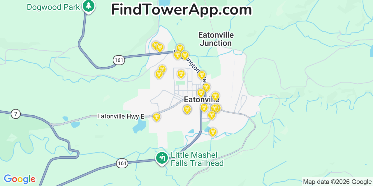 Map showing the 20 primary cell tower locations detected in Eatonville, Washington from AT&T, Verizon, and T-Mobile networks