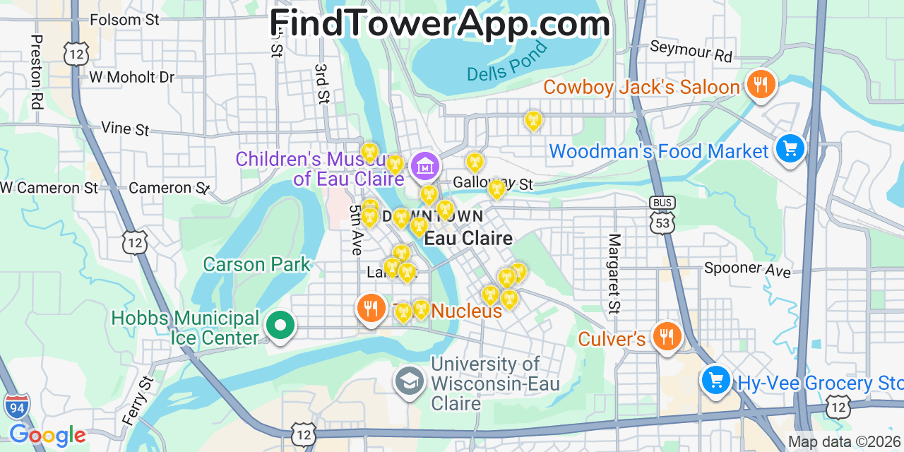 Map showing the 20 primary cell tower locations detected in Eau Claire, Wisconsin from AT&T, Verizon, and T-Mobile networks