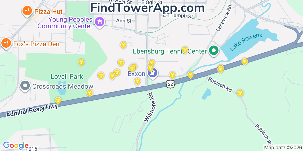 Map showing the 20 primary cell tower locations detected in Ebensburg, Pennsylvania from AT&T, Verizon, and T-Mobile networks