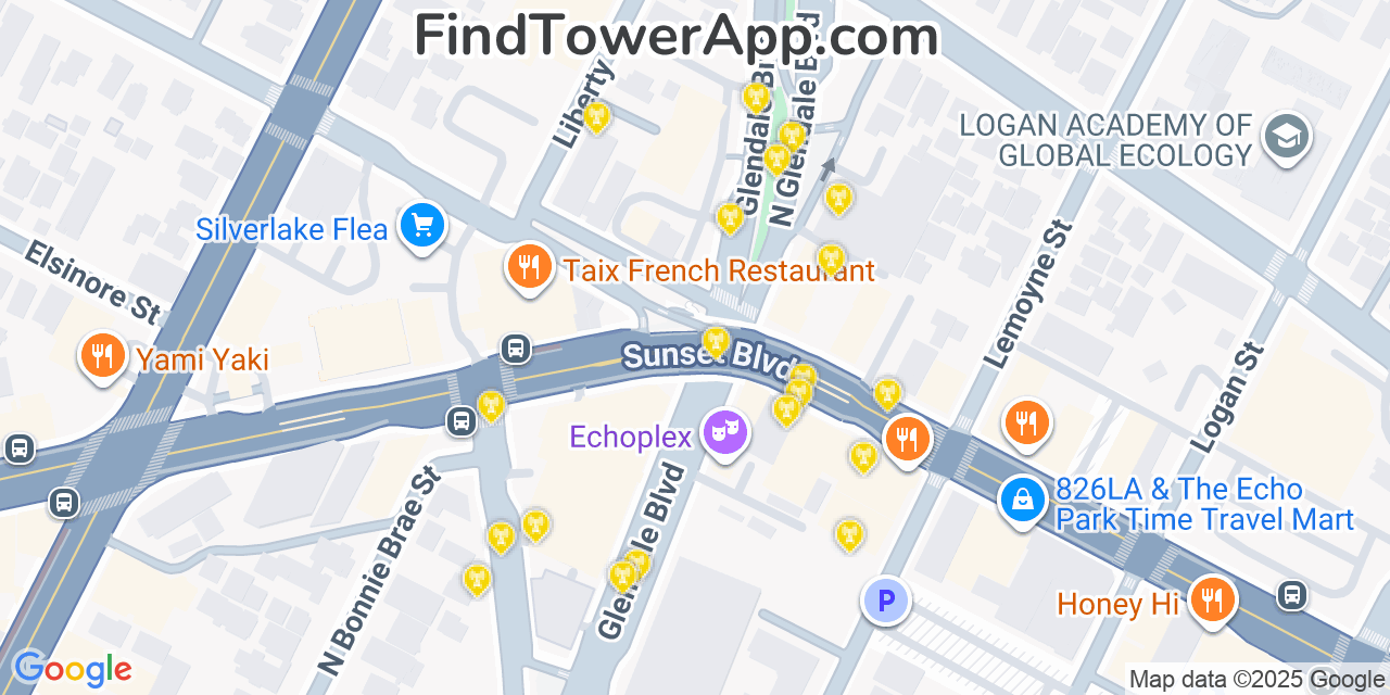 Map showing the 20 primary cell tower locations detected in Echo Park, California from AT&T, Verizon, and T-Mobile networks