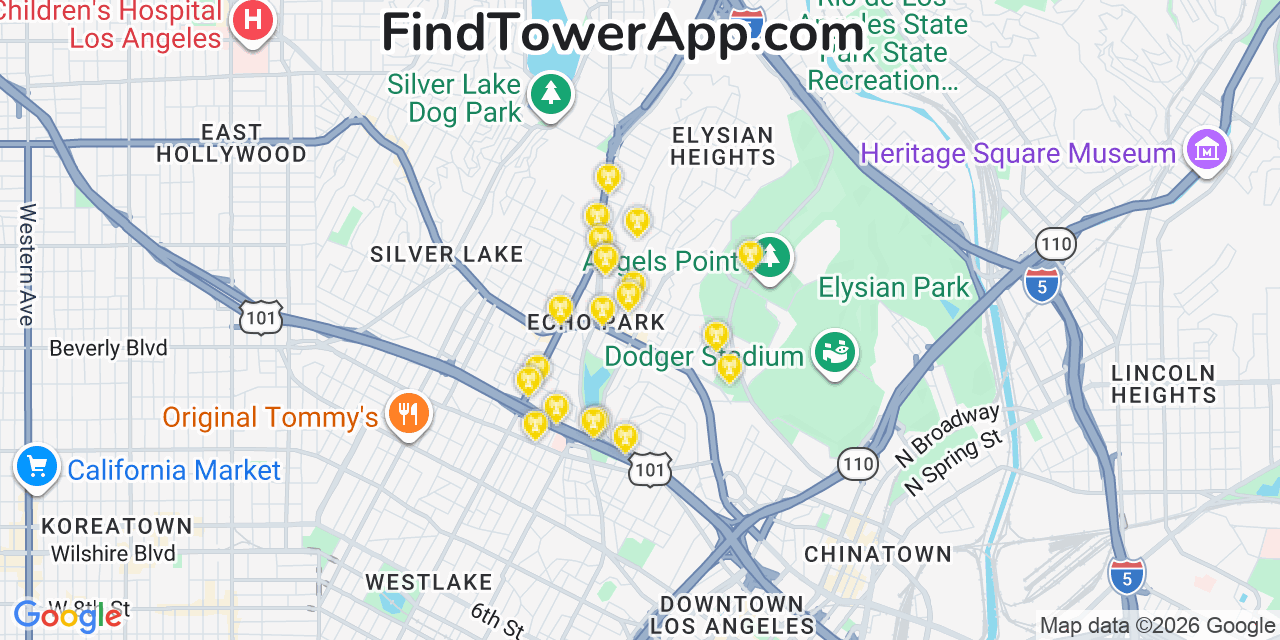 Map showing the 20 primary cell tower locations detected in Echo Park, California from AT&T, Verizon, and T-Mobile networks
