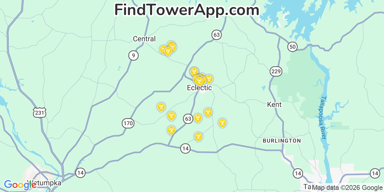 Map showing the 20 primary cell tower locations detected in Eclectic, Alabama from AT&T, Verizon, and T-Mobile networks