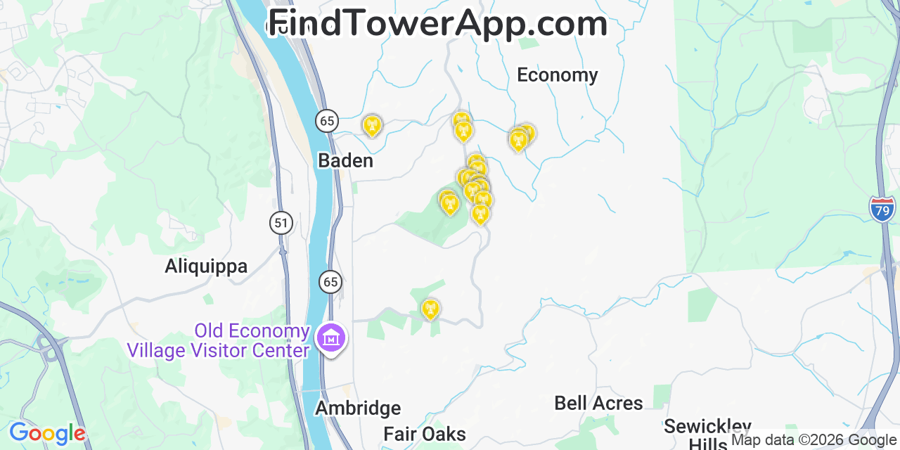 Map showing the 20 primary cell tower locations detected in Economy, Pennsylvania from AT&T, Verizon, and T-Mobile networks