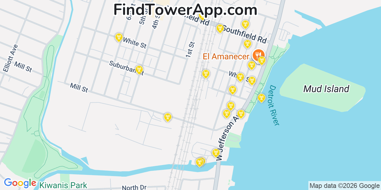 Map showing the 20 primary cell tower locations detected in Ecorse, Michigan from AT&T, Verizon, and T-Mobile networks