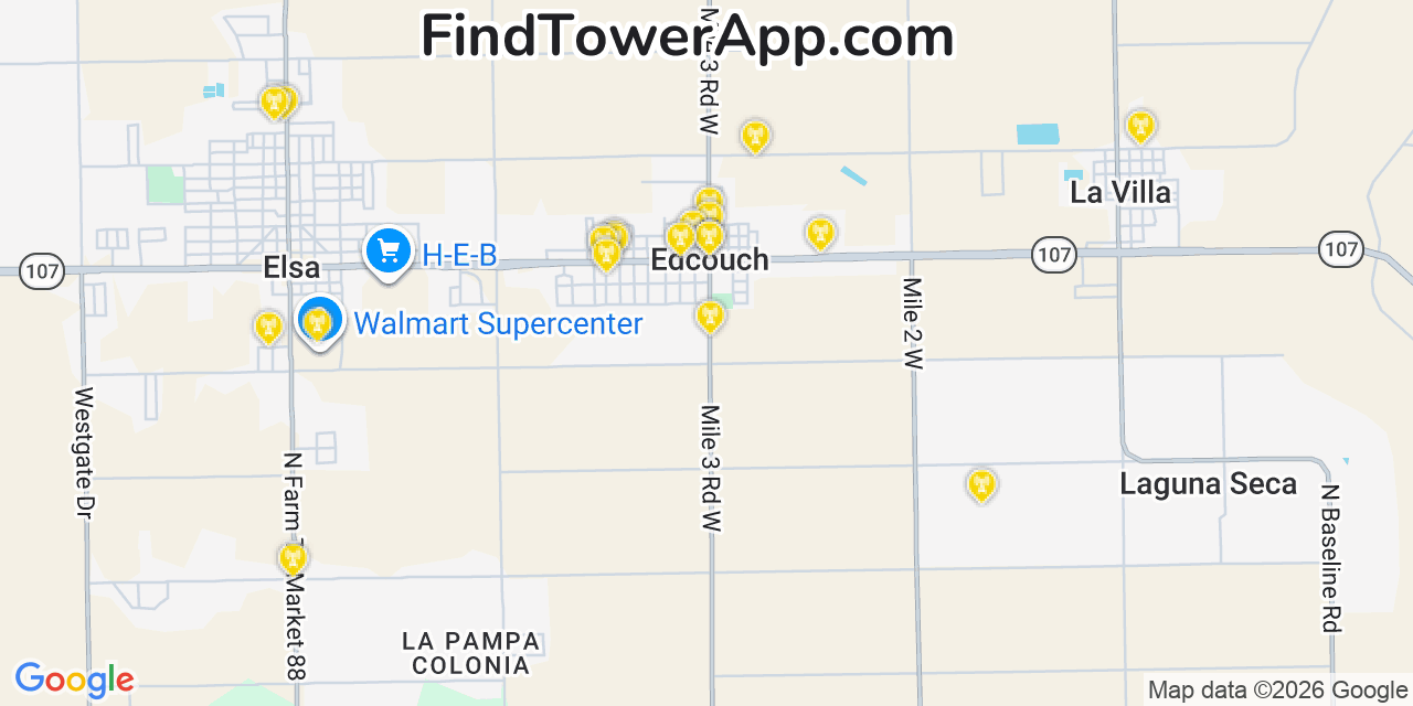 Map showing the 20 primary cell tower locations detected in Edcouch, Texas from AT&T, Verizon, and T-Mobile networks