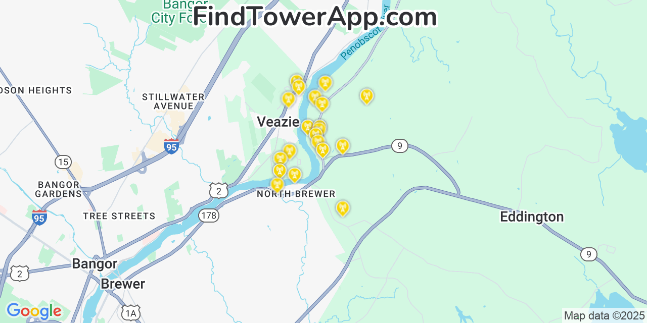 Map showing the 20 primary cell tower locations detected in Eddington, Maine from AT&T, Verizon, and T-Mobile networks