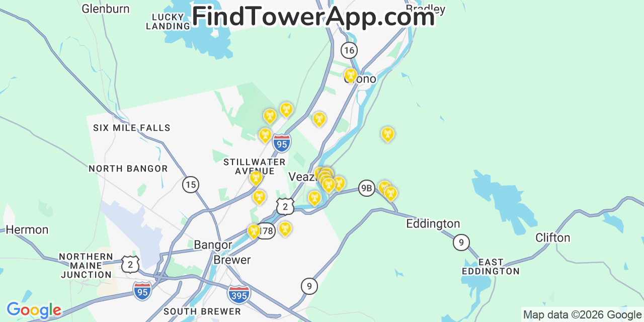 Map showing the 20 primary cell tower locations detected in Eddington, Maine from AT&T, Verizon, and T-Mobile networks