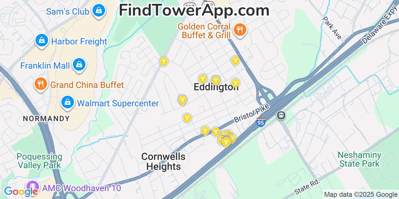 Map showing the 20 primary cell tower locations detected in Eddington, Pennsylvania from AT&T, Verizon, and T-Mobile networks
