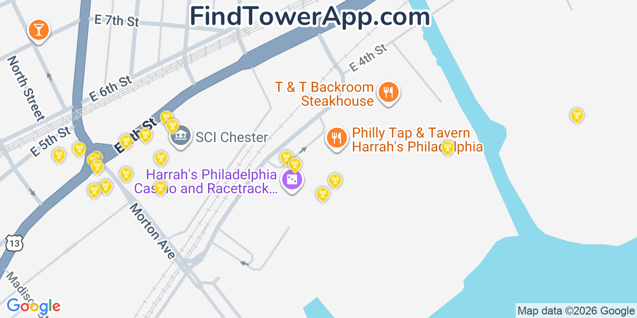 Map showing the 20 primary cell tower locations detected in Eddystone, Pennsylvania from AT&T, Verizon, and T-Mobile networks