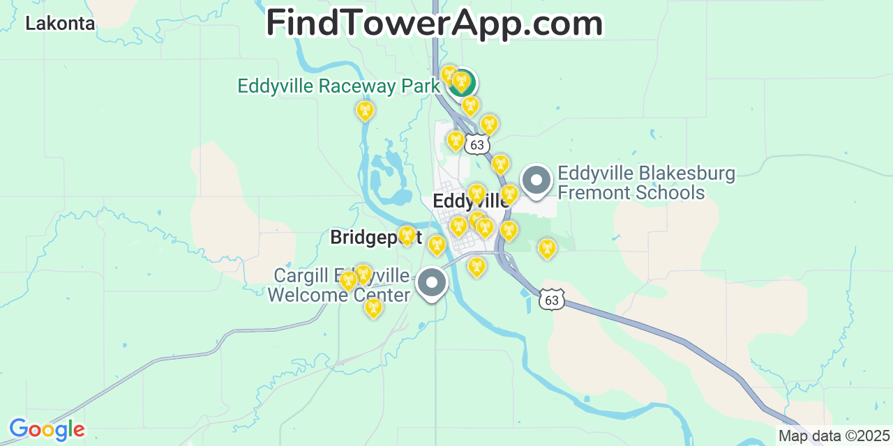 Map showing the 20 primary cell tower locations detected in Eddyville, Iowa from AT&T, Verizon, and T-Mobile networks
