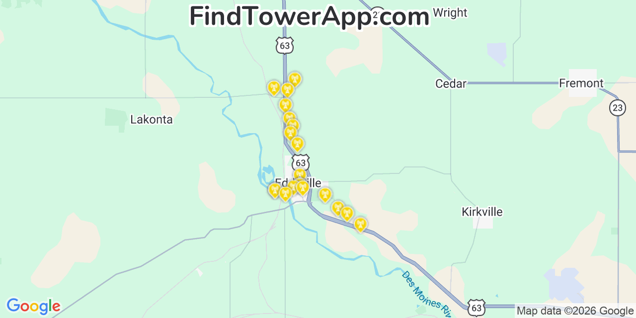 Map showing the 20 primary cell tower locations detected in Eddyville, Iowa from AT&T, Verizon, and T-Mobile networks