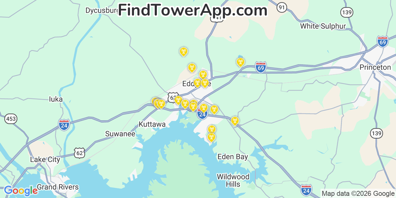 Map showing the 20 primary cell tower locations detected in Eddyville, Kentucky from AT&T, Verizon, and T-Mobile networks
