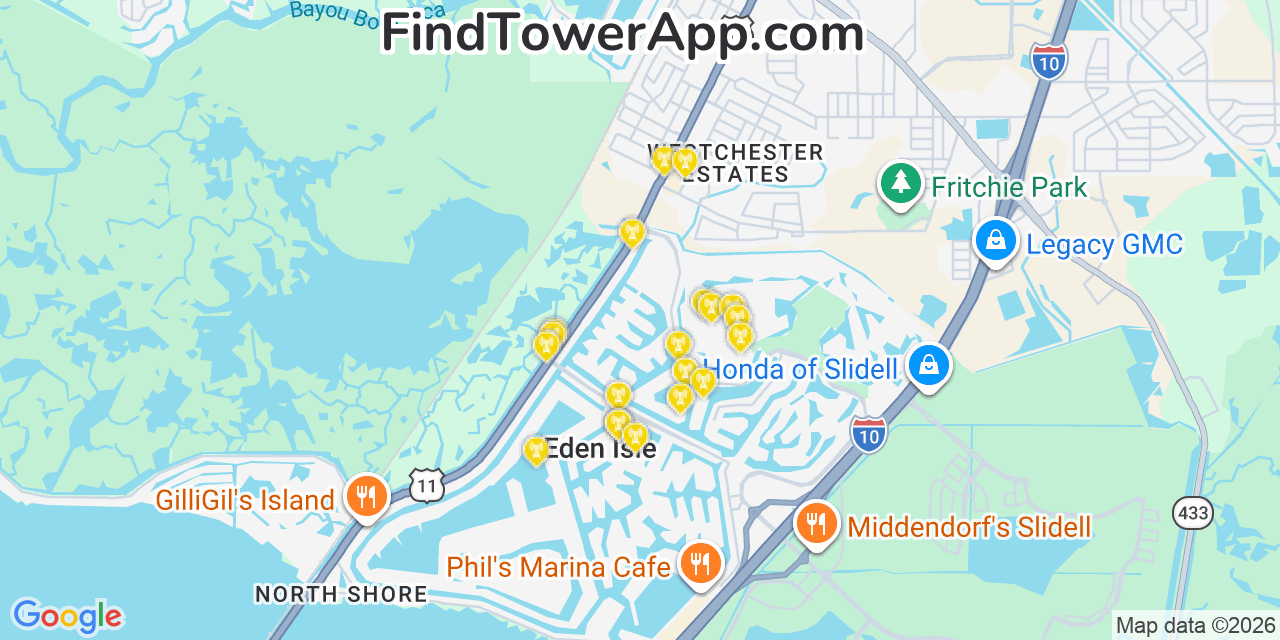 Map showing the 20 primary cell tower locations detected in Eden Isle, Louisiana from AT&T, Verizon, and T-Mobile networks
