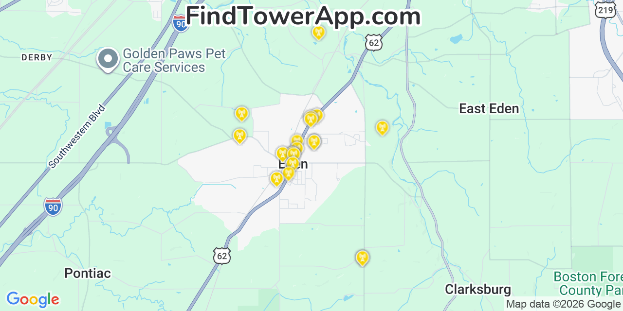 Map showing the 20 primary cell tower locations detected in Eden, New York from AT&T, Verizon, and T-Mobile networks