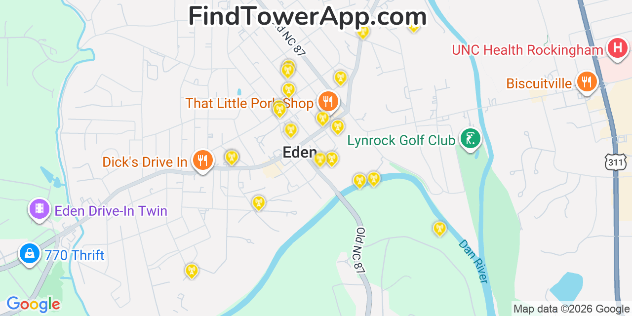 Map showing the 20 primary cell tower locations detected in Eden, North Carolina from AT&T, Verizon, and T-Mobile networks