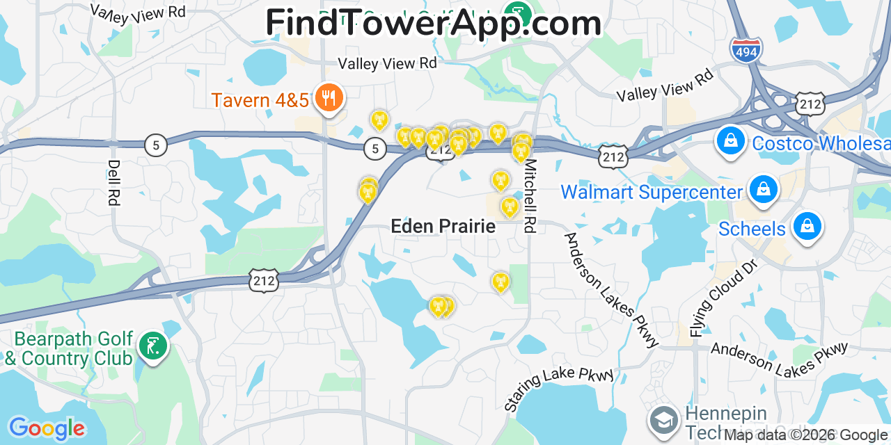 Map showing the 20 primary cell tower locations detected in Eden Prairie, Minnesota from AT&T, Verizon, and T-Mobile networks