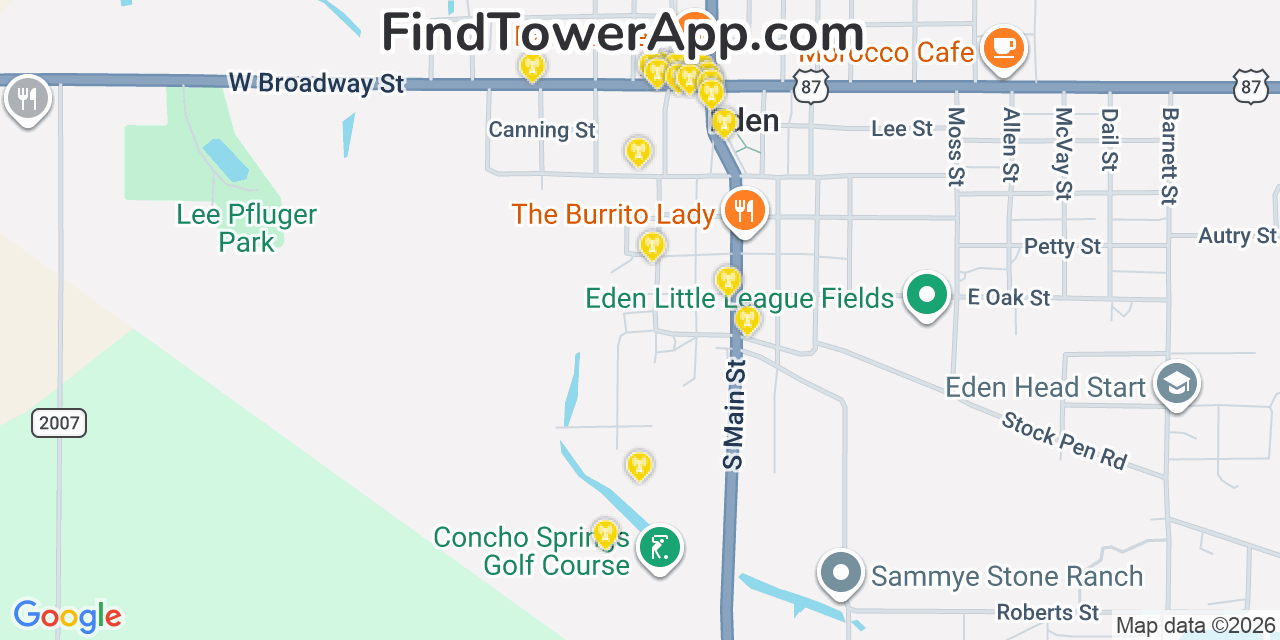 Map showing the 20 primary cell tower locations detected in Eden, Texas from AT&T, Verizon, and T-Mobile networks