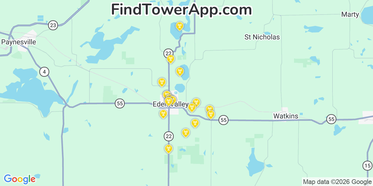 Map showing the 20 primary cell tower locations detected in Eden Valley, Minnesota from AT&T, Verizon, and T-Mobile networks