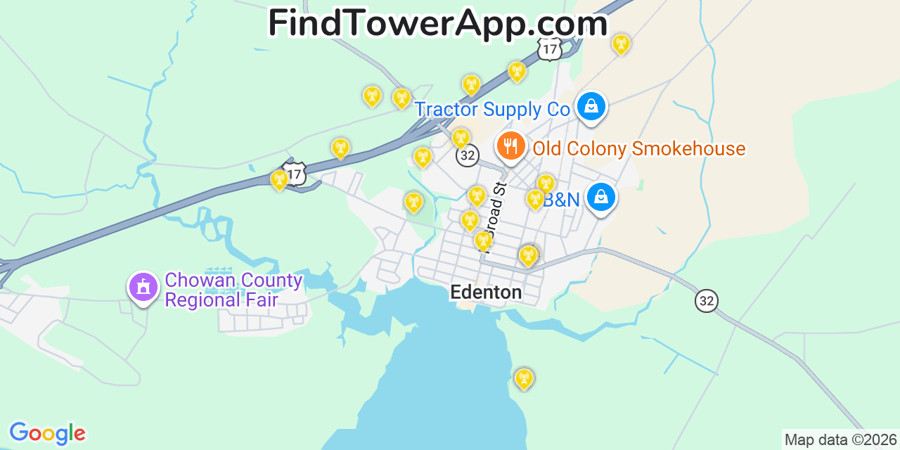 Map showing the 20 primary cell tower locations detected in Edenton, North Carolina from AT&T, Verizon, and T-Mobile networks