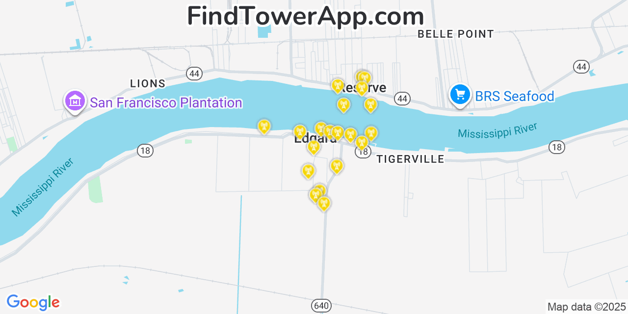Map showing the 20 primary cell tower locations detected in Edgard, Louisiana from AT&T, Verizon, and T-Mobile networks