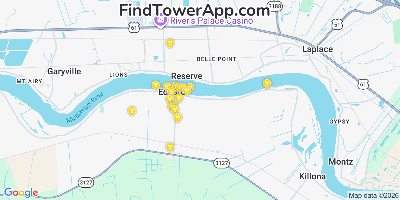Map showing the 20 primary cell tower locations detected in Edgard, Louisiana from AT&T, Verizon, and T-Mobile networks