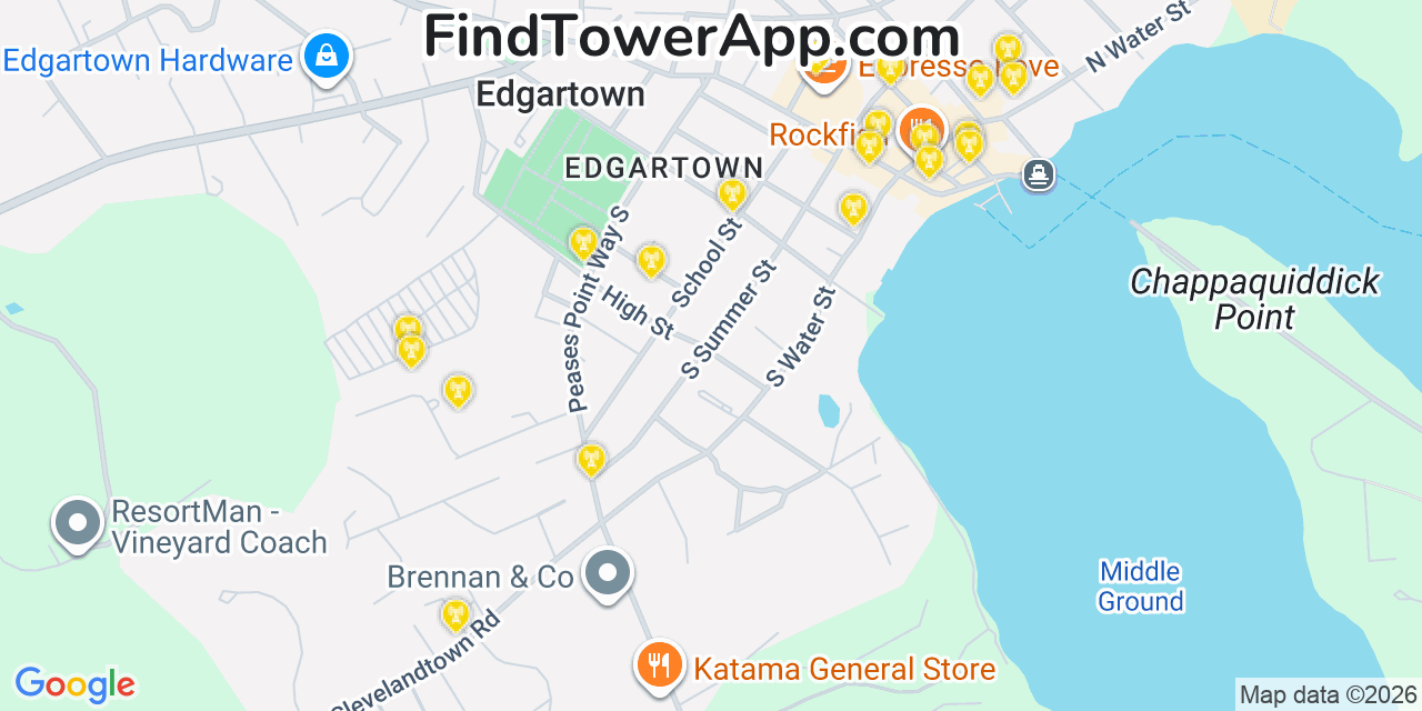 Map showing the 20 primary cell tower locations detected in Edgartown, Massachusetts from AT&T, Verizon, and T-Mobile networks
