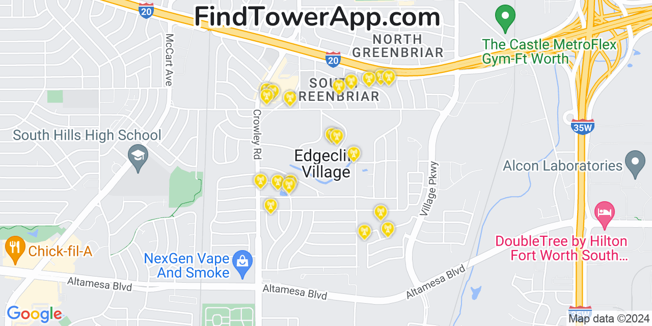 AT&T 4G/5G cell tower coverage map Edgecliff Village, Texas